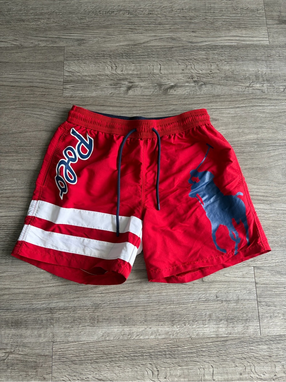 Ralph Lauren Red Swim Shorts with Navy Waistband and White Lining